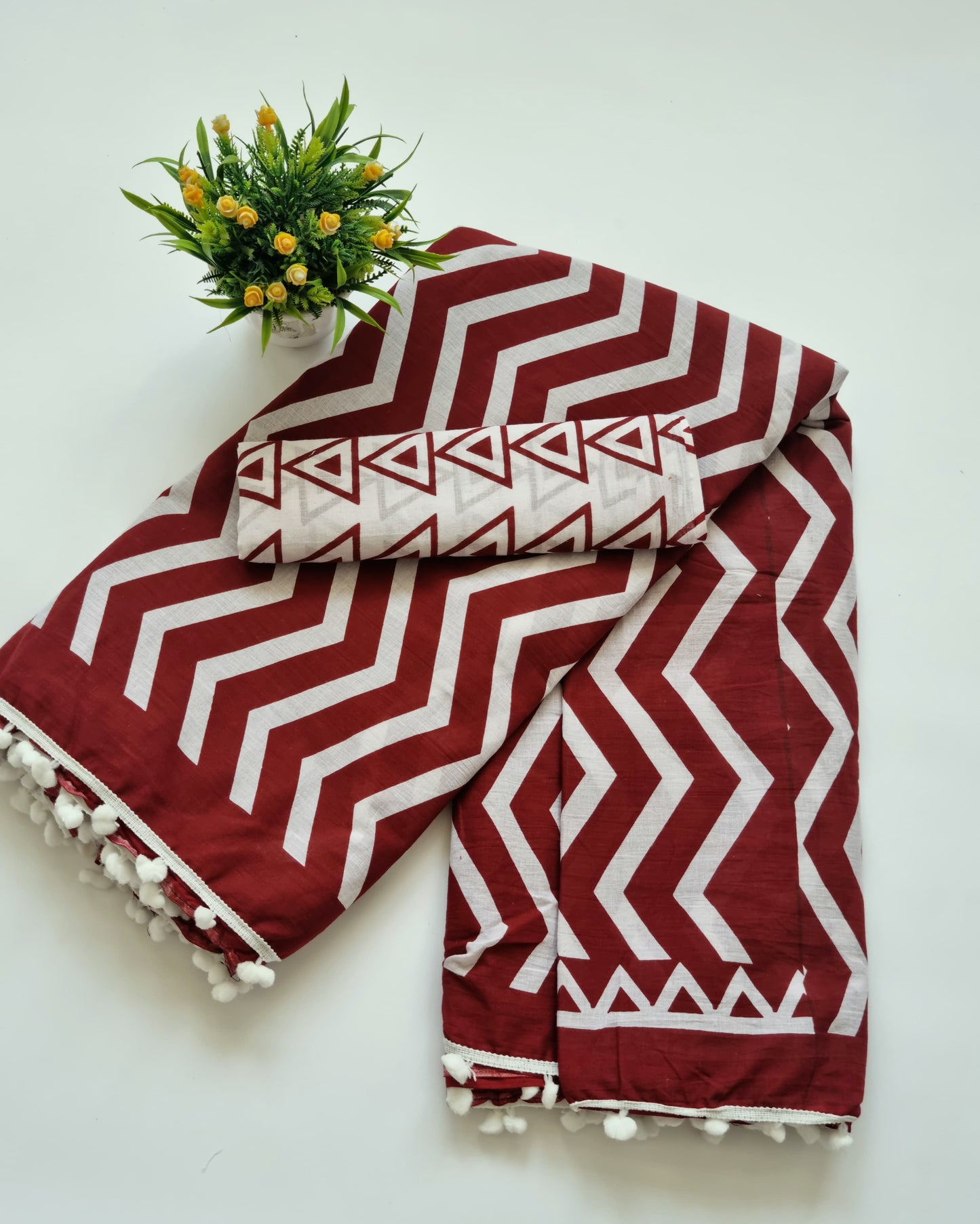 Printed Pure Cotton Mulmul Saree With PomPom Lace - Mj Creation