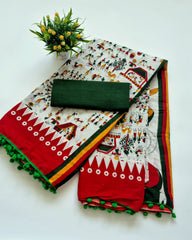 Printed Pure Cotton Mulmul Saree With PomPom Lace - Mj Creation