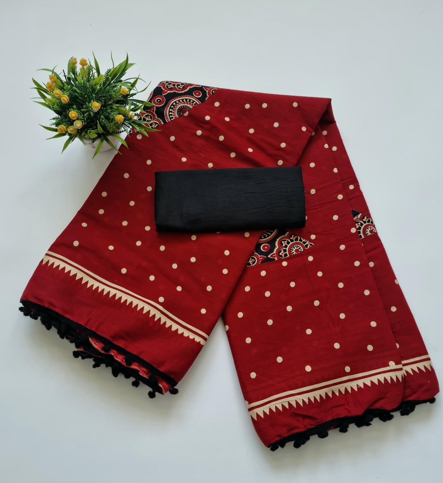 Printed Pure Cotton Mulmul Saree With PomPom Lace - Mj Creation