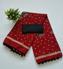 Printed Pure Cotton Mulmul Saree With PomPom Lace - Mj Creation