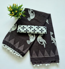 Printed Pure Cotton Mulmul Saree With PomPom Lace - Mj Creation