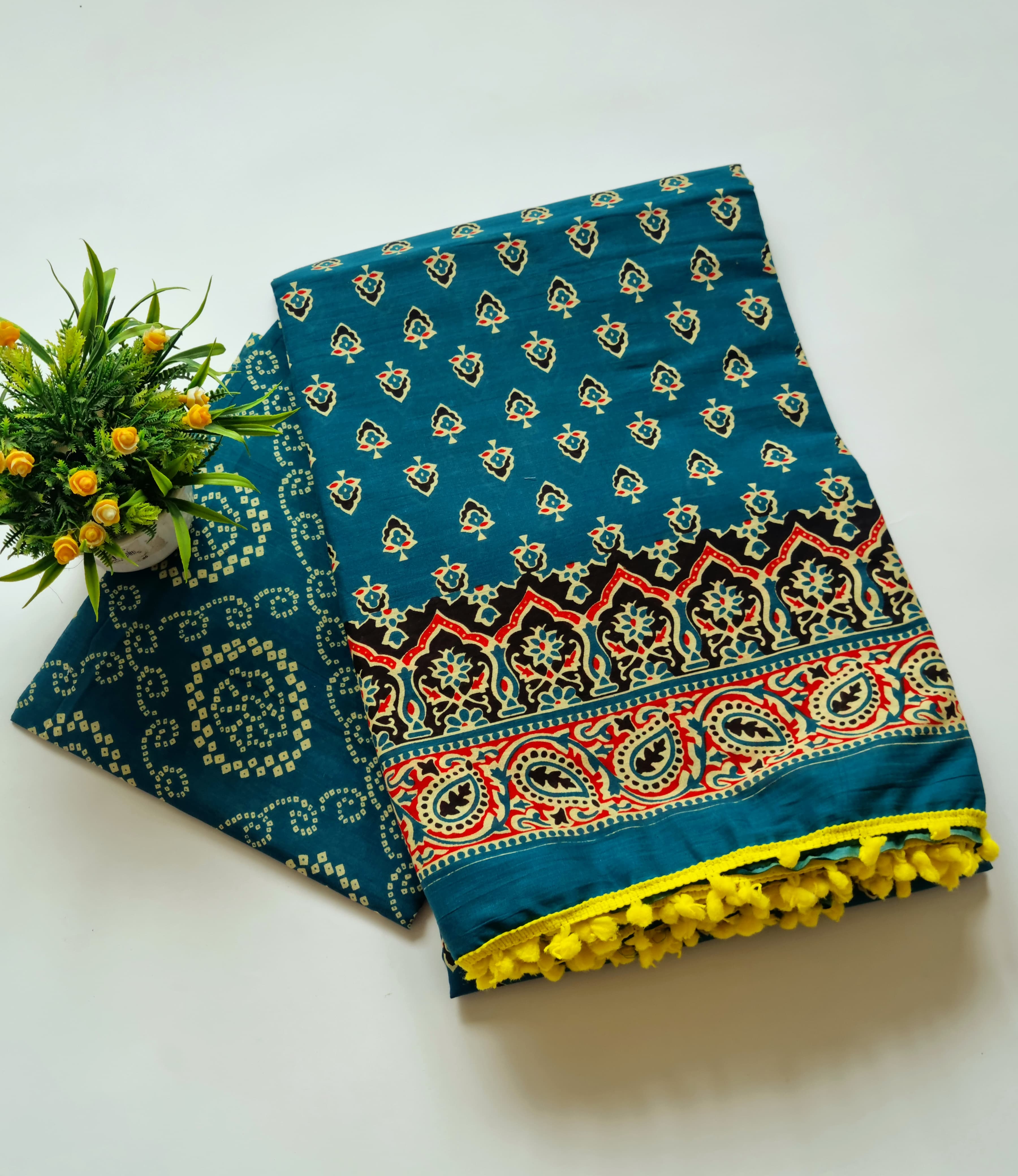 Printed Pure Cotton Mulmul Saree With PomPom Lace - Mj Creation