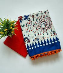 Printed Pure Cotton Mulmul Saree With PomPom Lace - Mj Creation