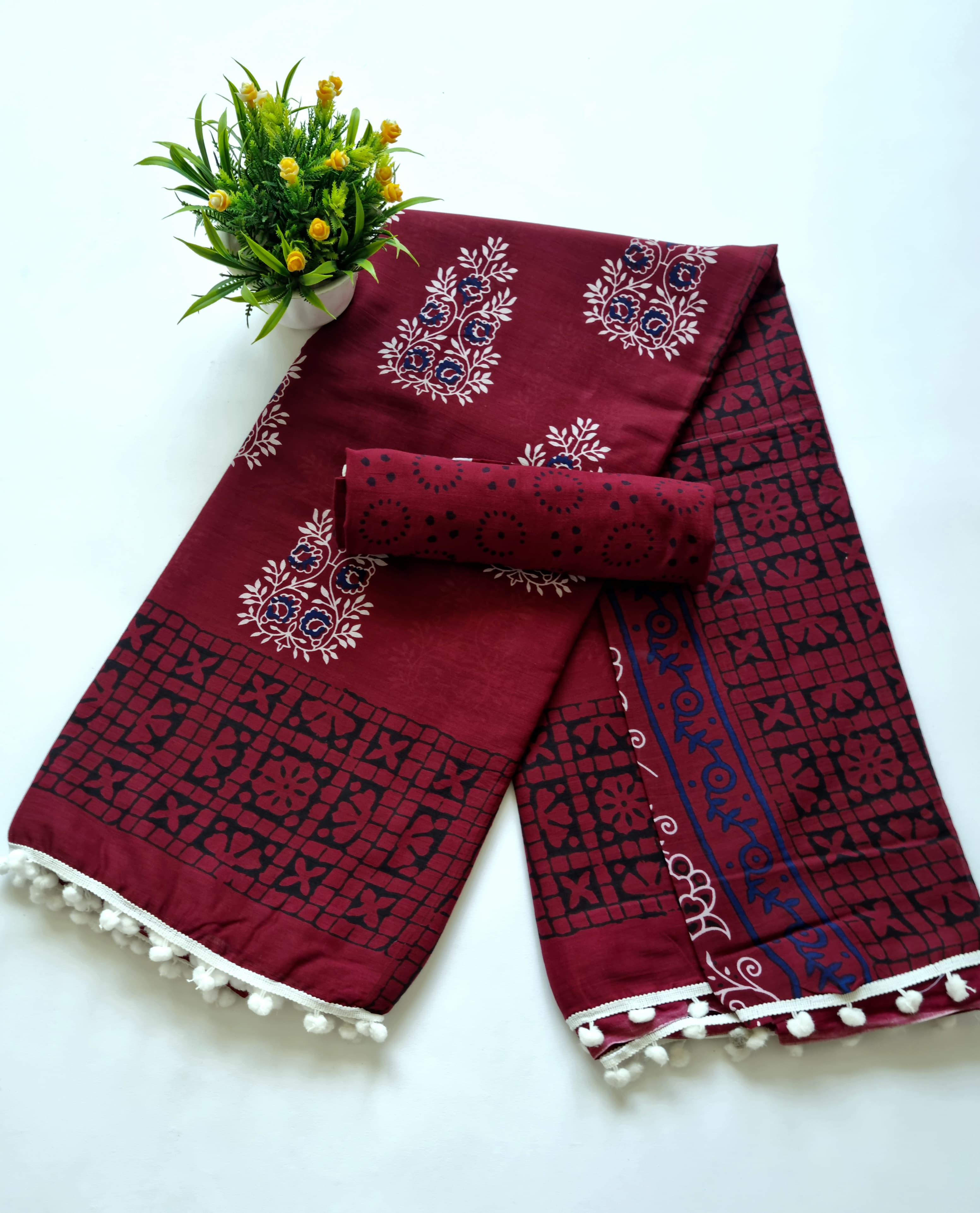 Printed Pure Cotton Mulmul Saree With PomPom Lace - Mj Creation