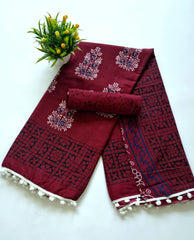 Printed Pure Cotton Mulmul Saree With PomPom Lace - Mj Creation