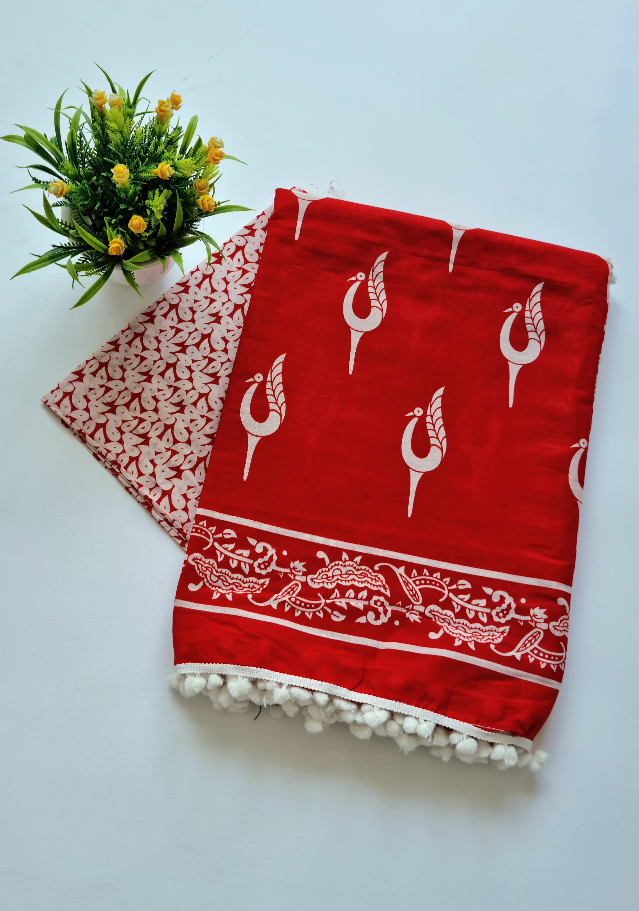 Printed Pure Cotton Mulmul Saree With PomPom Lace - Mj Creation
