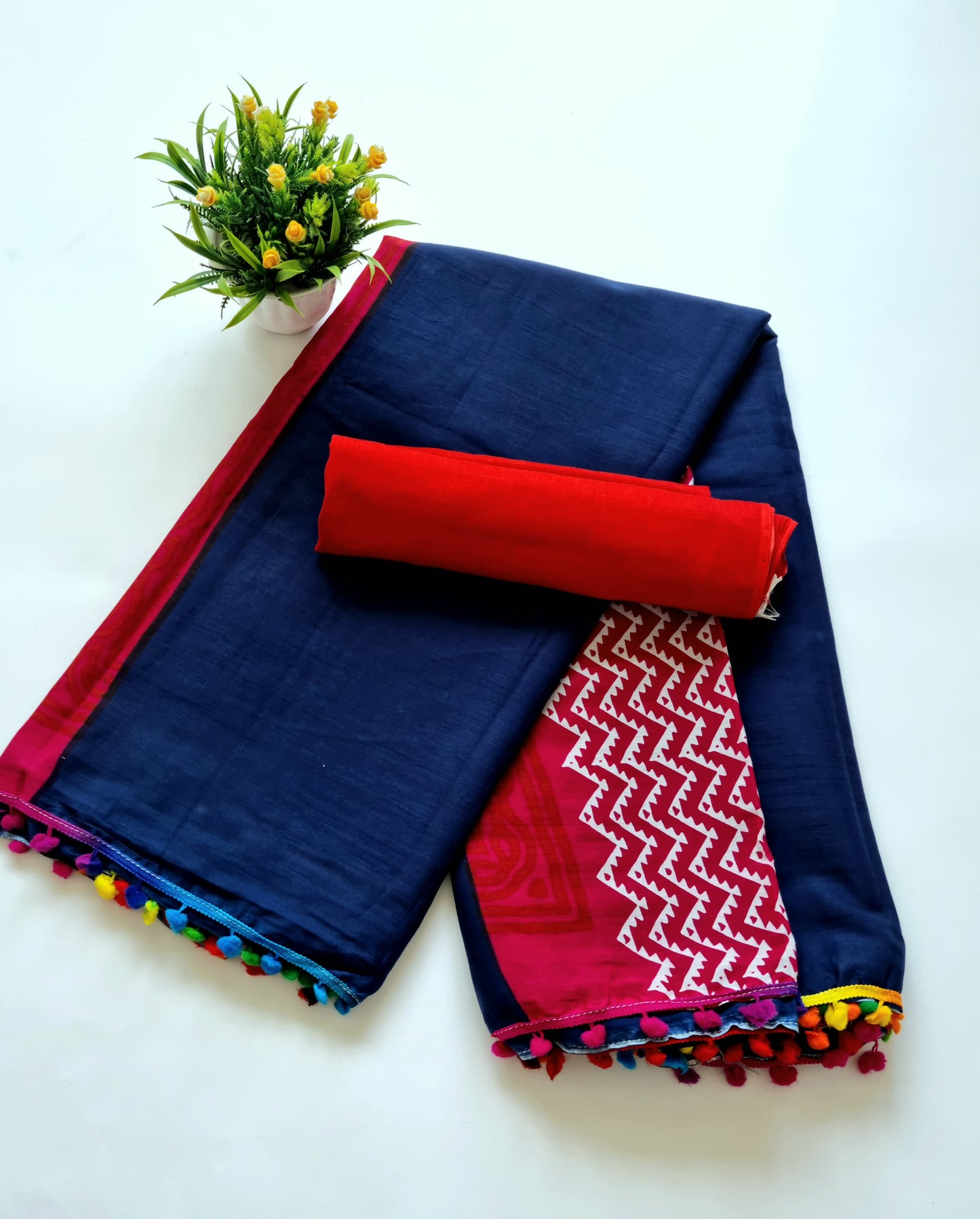 Printed Pure Cotton Mulmul Saree With PomPom Lace - Mj Creation