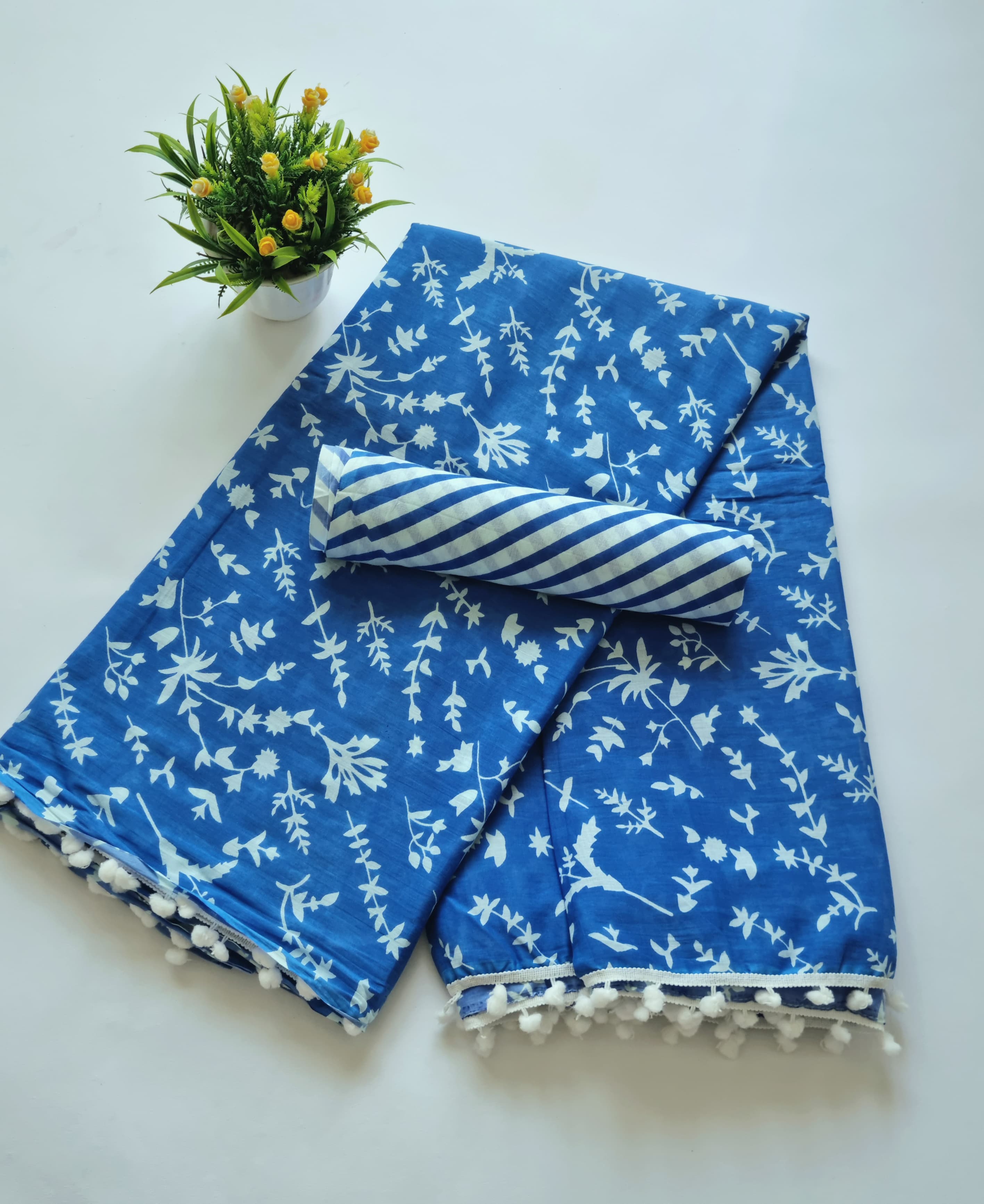 Printed Pure Cotton Mulmul Saree With PomPom Lace - Mj Creation