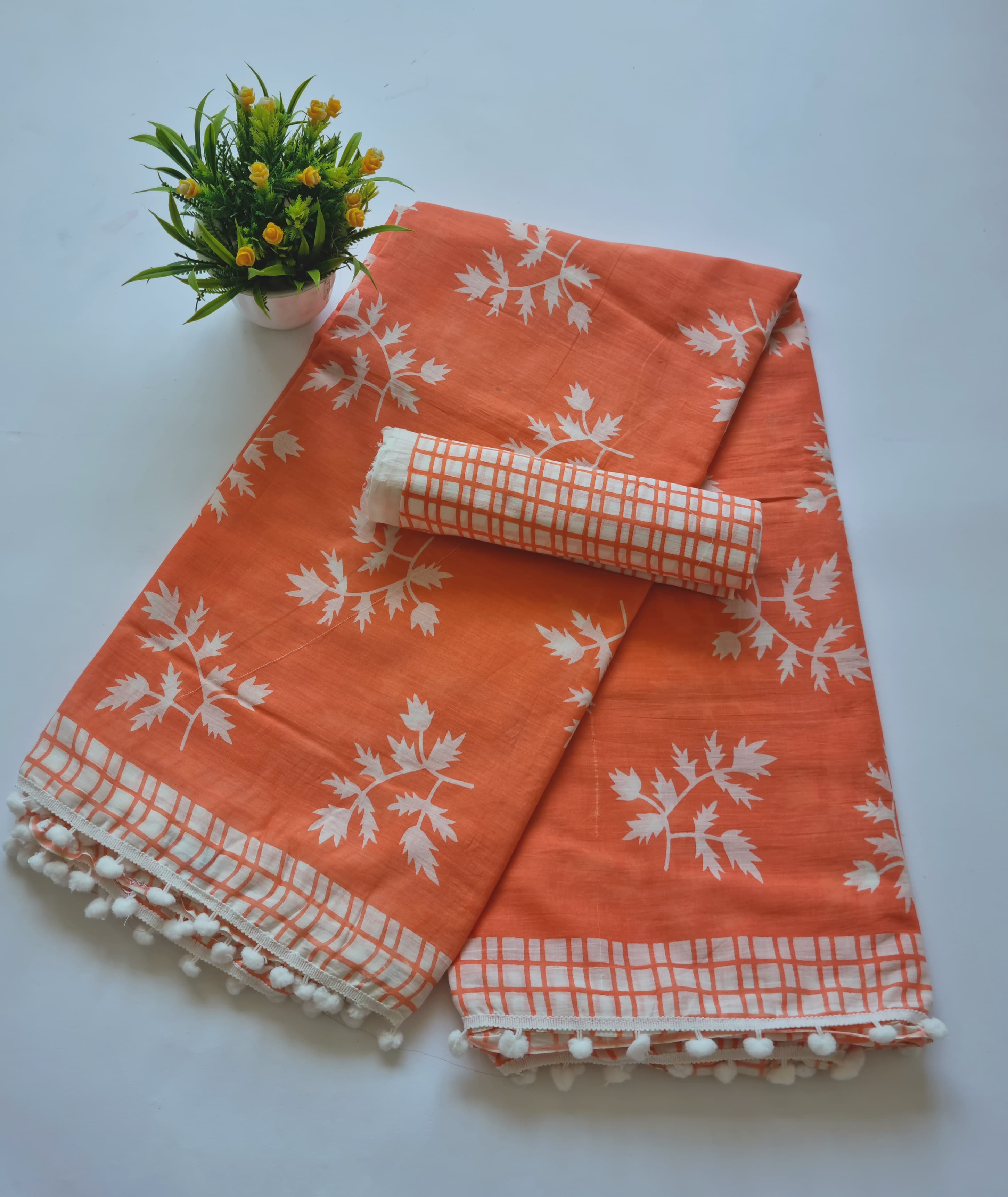 Printed Pure Cotton Mulmul Saree With PomPom Lace - Mj Creation