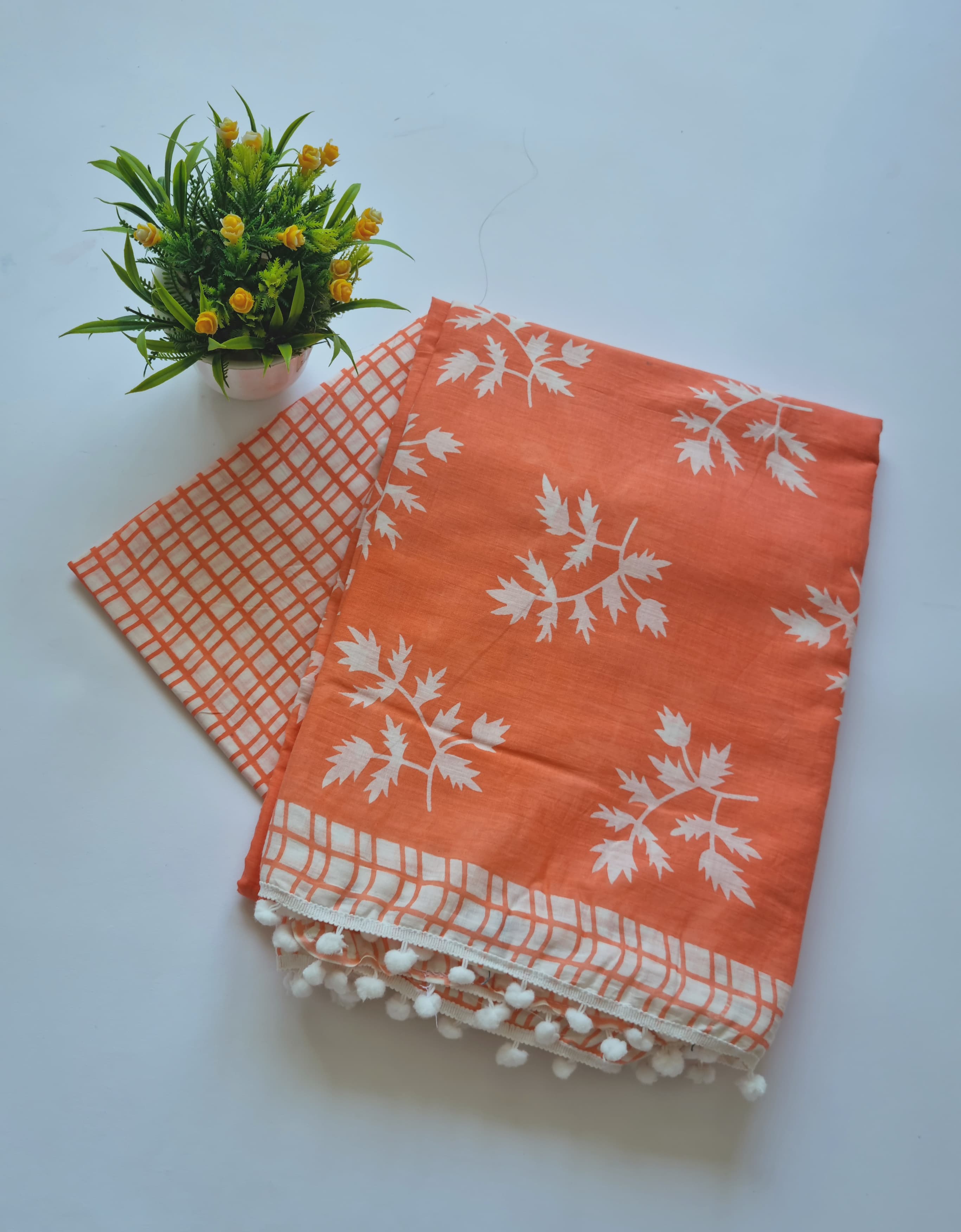 Printed Pure Cotton Mulmul Saree With PomPom Lace - Mj Creation