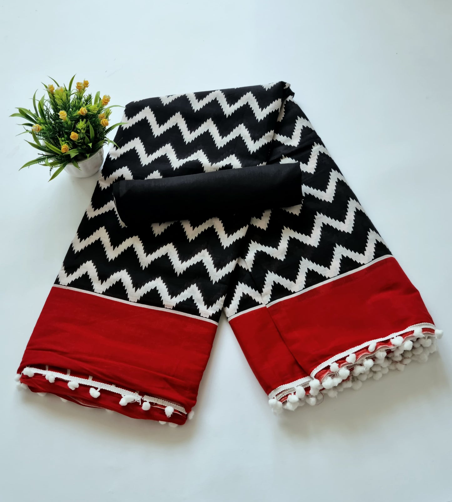 Printed Pure Cotton Mulmul Saree With PomPom Lace - Mj Creation