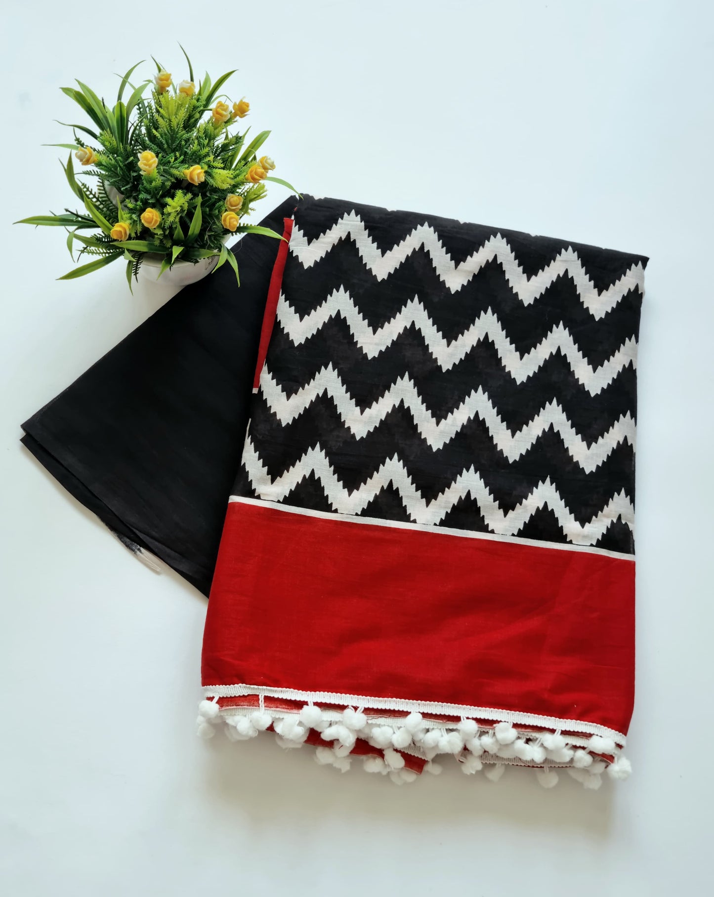 Printed Pure Cotton Mulmul Saree With PomPom Lace - Mj Creation