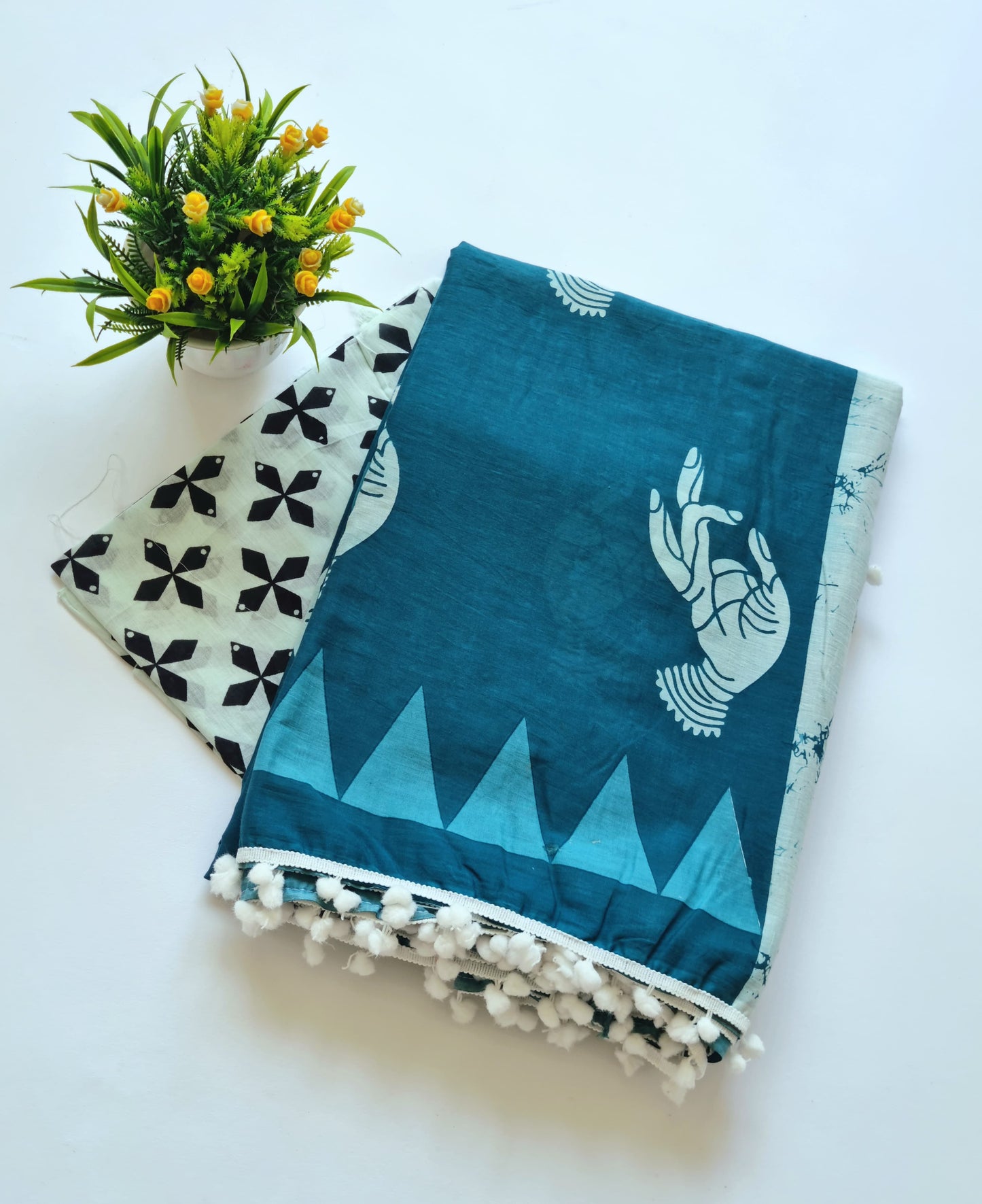 Printed Pure Cotton Mulmul Saree With PomPom Lace - Mj Creation