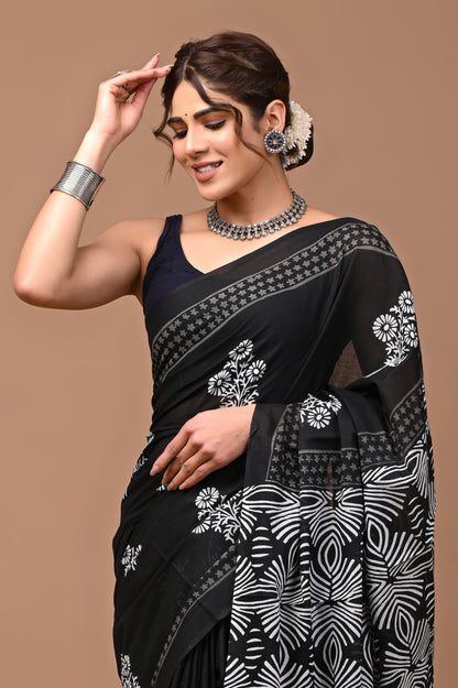 Jaipuri Printed Pure Cotton Mulmul Saree With Blouse - Mj Creation