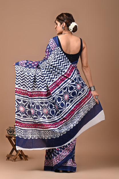 Jaipuri Printed Pure Cotton Mulmul Saree With Blouse - Mj Creation