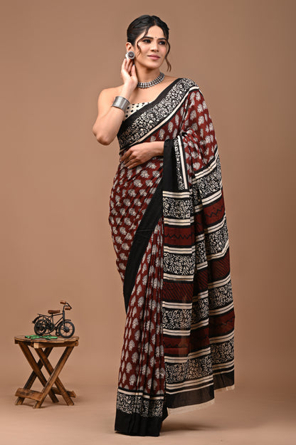 Jaipuri Printed Pure Cotton Mulmul Saree With Blouse - Mj Creation