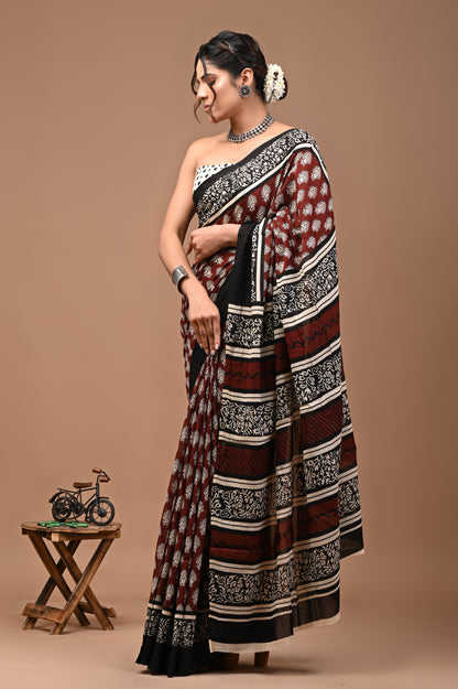 Jaipuri Printed Pure Cotton Mulmul Saree With Blouse - Mj Creation