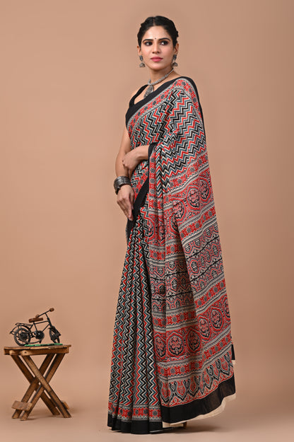 Ajrak Printed Pure Cotton Mulmul Saree With Blouse